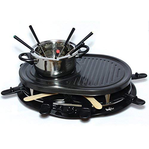 Electric Griddle Fondue Pot with Thermostat Control Non Stick Raclette Skillet 8 Person Swiss Indoor Outdoor Grill Set