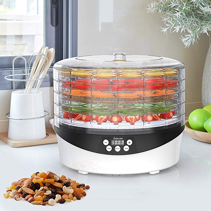 Food Dehydrator, Sancusto 5 Trays Auto Off Electric Dehydrator Machine with 72H Timer and Temperature Control for Jerky, Fruits, Herbs and Vegetables, with Recipe, BPA Free