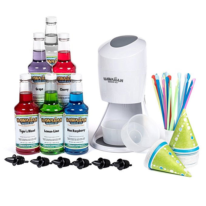 Hawaiian Shaved Ice Machine and Syrup 6 Flavor Party Package | Includes S900A Shaved Ice Machine, 6 Ready-To-Use Pints of Syrup, 25 Snow Cone Cups, 25 Spoon Straws, 6 Black Bottle Pourers