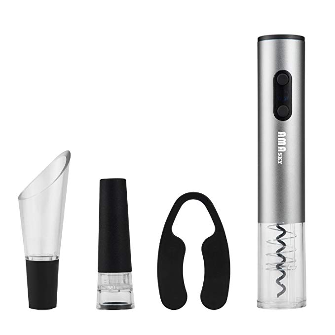 AMASKY Electric Wine Opener Set, Automatic Stainless Steel Wine Opener, Foil Cutter, Vacuum stopper, Aerator Wine Pourer