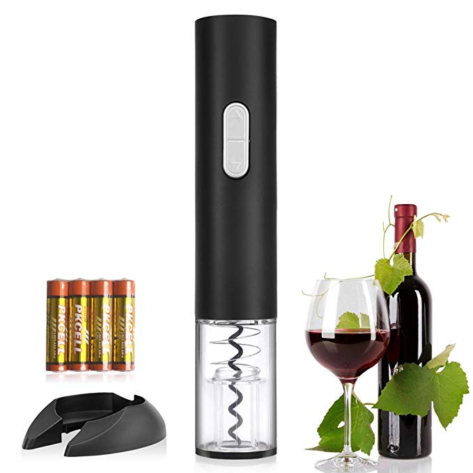 QcoQce Battery-Operated Wine Bottle Opener, Cordless Automatic Electric Wine Opener, Foil Cuter/Stand and Batteries Included (Black)