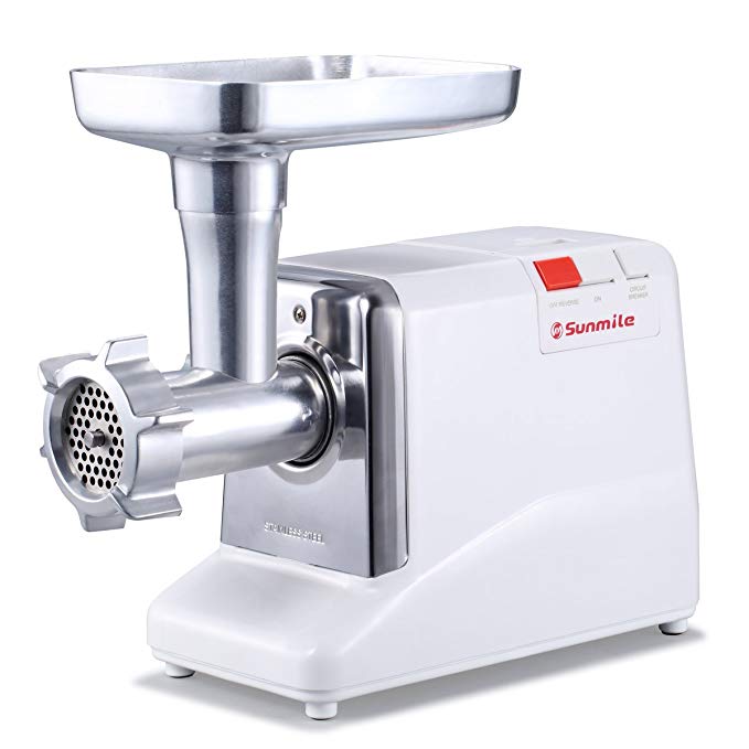 Sunmile SM-G50 Electric Meat Grinder and Sausage Stuffer - 1.3HP 1000W Max - Size #12, Metal Gear Box & Gears, REVERSE/CIRCUIT BREAKER, Stainless Steel Cutting Blades & 3 Plates, 3 Sausage Stuffers