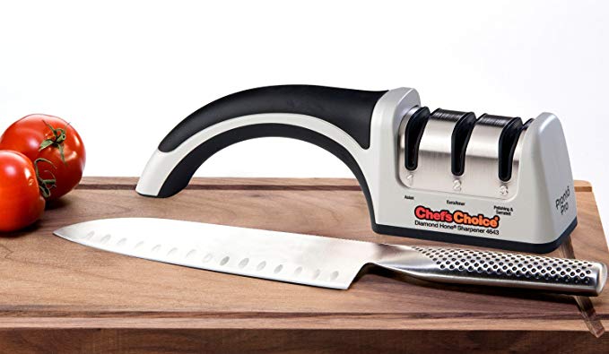 Chef’sChoice 4643 ProntoPro Diamond Hone Manual Knife Sharpener Extremely Fast Sharpening Euro-American and Asian Style Knives Precise Bevel Angle Control Diamond Abrasive Made in USA, 3-Stage, Silver