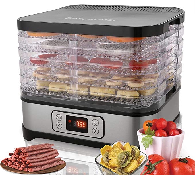 Electric Food Dehydrator Machine 250W - BPA Free Drying System With adjustable Height Nesting Tray - Professional Multi-Tier Food Preserver with 5 Nesting Tray for Meat or Beef Fruit Vegetable Dryer