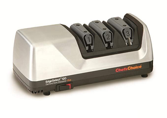 Chef'sChoice 120 EdgeSelect Diamond Hone Professional Knife Sharpener for Straight and Serrated Knives with Precision Angle Control, 3-Stage, made in USA, Brushed Metal