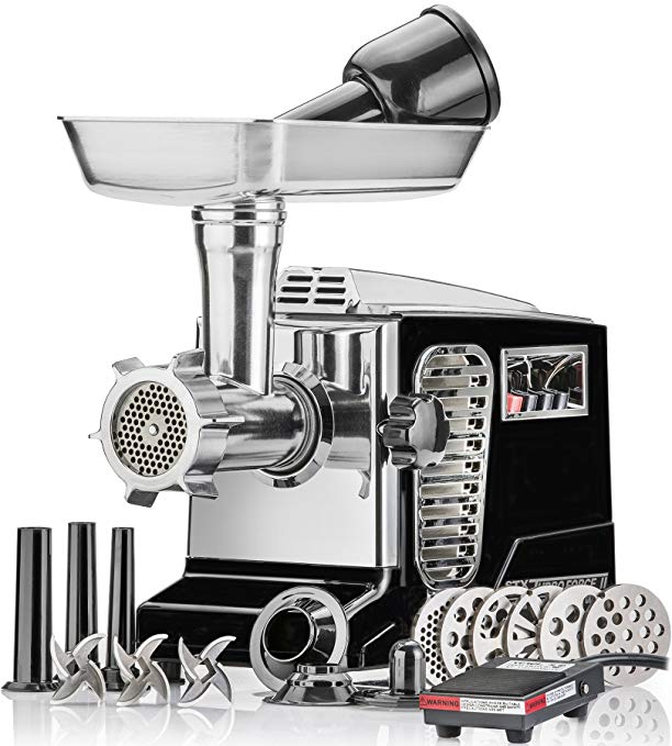 Electric Meat Grinder - Size #12 - Model STX-4000-TB2-PD - STX International Turboforce II - Air Cooling Patent - Foot Pedal Control, 6 Grinding Plates, 3 Cutting Blades, Kubbe & Sausage Tubes - Black