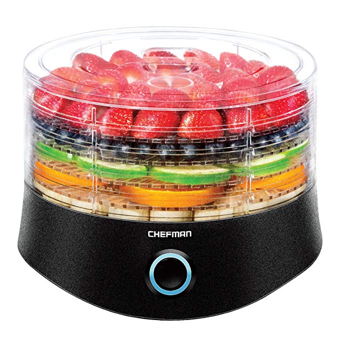 Chefman 5 Tray Round Food Dehydrator, BPA-Free Professional Electric Multi-Tier Food Preserver, Meat or Beef Jerky Maker, Fruit, Herb, & Vegetable Dryer, 9.5 Inch Diameter x 6.5 Inch Height