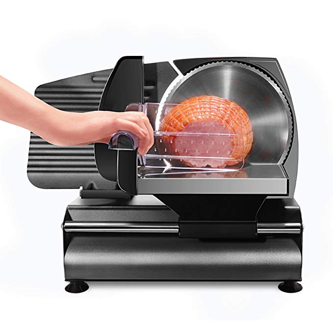 Chefman Die-Cast Electric Deli/Food Slicer, Precisely Cuts Meat, Cheese, Bread, Fruit & Veggies, Adjustable Thickness Dial, Removable 7.5” Serrated Stainless Steel Blade, Non-Slip Feet, Compact, Black