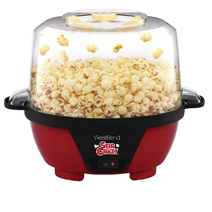 West Bend 82505 Stir Crazy Electric Hot Oil Popcorn Popper Machine with Stirring Rod Offers Large Lid for Serving Bowl and Convenient Storage, 6-Quarts, Red